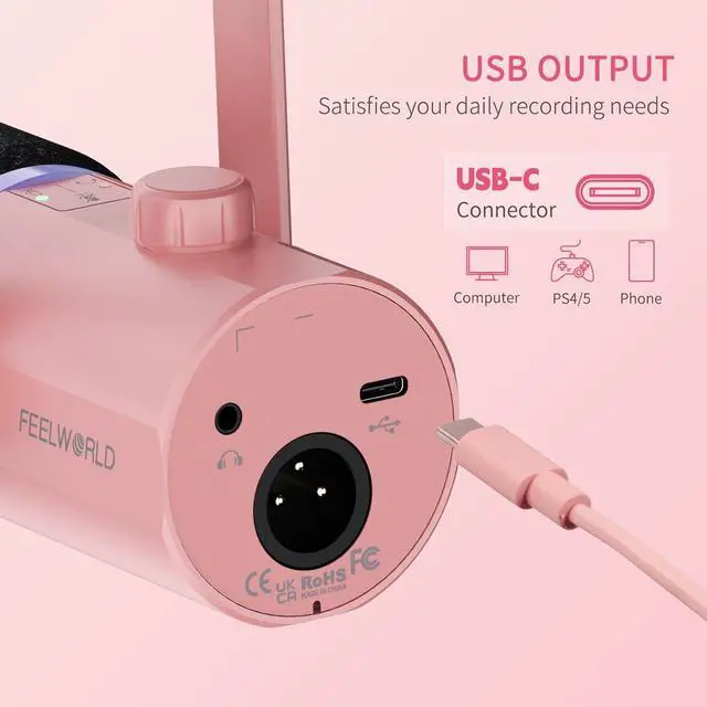 Alt view image 4 of 7 - PM1 XLR USB Dynamic Microphone with Boom Arm Stand for Podcast Recording PC Computer Gaming Live Streaming Vocal Voice-Over, Studio Metal Mic, RGB Light, Mute Button, Headphones Jack (Pink)