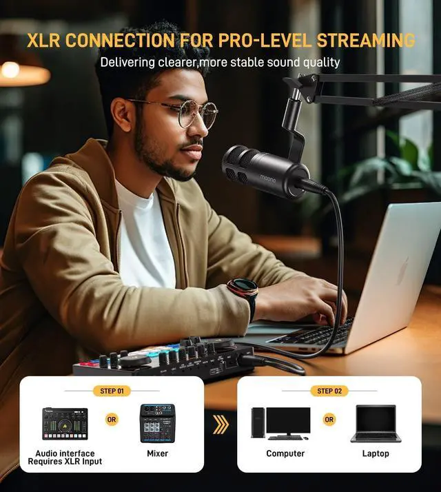 Alt view image 3 of 7 - XLR Podcast Dynamic Microphone, Cardioid Studio Mic with Boom Arm for Vocal Recording,Streaming,Gaming, Voice Isolation Technology, Metal Mic, Works for Audio Interface, Mixer-PD100S