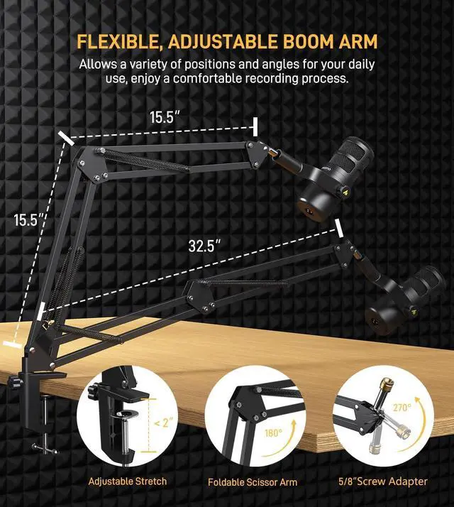 Alt view image 6 of 7 - XLR Podcast Dynamic Microphone, Cardioid Studio Mic with Boom Arm for Vocal Recording,Streaming,Gaming, Voice Isolation Technology, Metal Mic, Works for Audio Interface, Mixer-PD100S