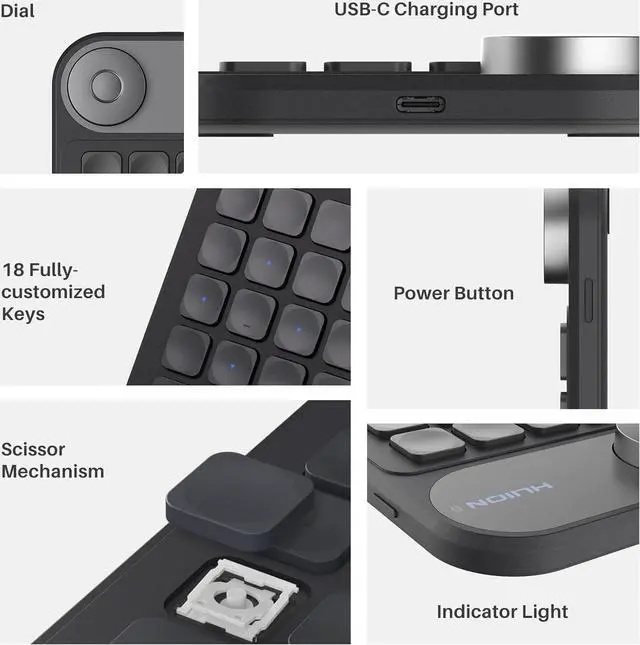 Alt view image 2 of 7 - Keydial Mini Bluetooth Programmable Keypad with Dial 5 Keys Anti-ghosting 18 Customized Keys, Wireless Shortcut Keyboard for Drawing Tablet, PC, MacBook, Surface Pro, Laptops