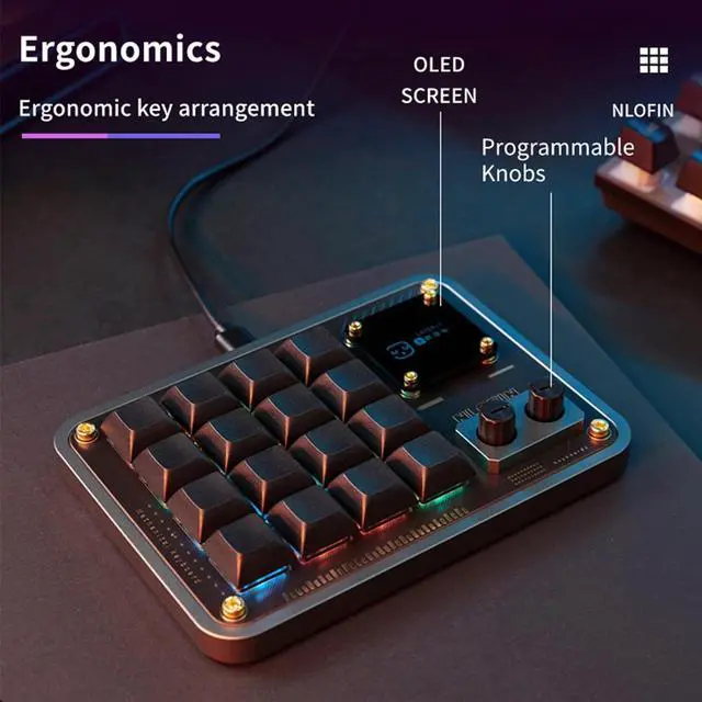 Alt view image 2 of 7 - Double Knob Custom Macro Pad Programmable Designer Mini Keyboard 16 Keys with Screen (Black,KB16)