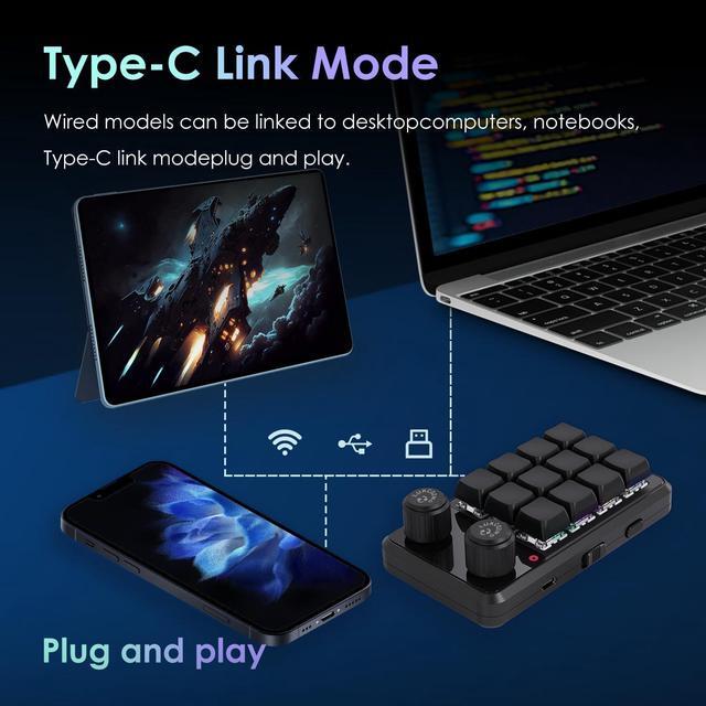 Alt view image 3 of 7 - Macro Pad Macro Keyboard Programmable Keypad Customized 12-Key Mini Mechanical Gaming Keyboard One Handed Keyboard RGB OSU Micro Keyboard Macropad Knob Wireless Receiver&Type C 1m Cable(Black)