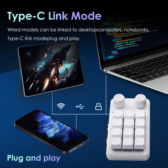 Alt view image 5 of 7 - Macro Pad Macro Keyboard Programmable Keypad Customized 12-Key Mini Mechanical Gaming Keyboard One Handed Keyboard BT RGB OSU Micro Keyboard Macropad Knob Wireless Receiver&Type C 1m CableWhite