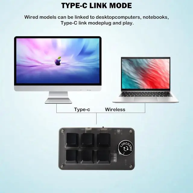 Alt view image 3 of 7 - Macro Pad Macro Keyboard Programmable Keypad Customized 6-Key Mini Mechanical Gaming Keyboard One Handed Keyboard BT RGB OSU Multifunctional Macropad Knob Wireless Receiver&Type C 1m Cable