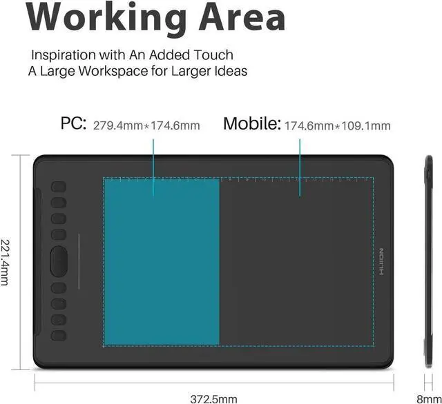 Alt view image 4 of 7 - Inspiroy H1161 Graphics Drawing Tablets, Touch Strip and 8192 Pen Pressure Sketch Tablet with Battery-Free Stylus,10 Shortcut Keys, Compatible with Android, Windows, and Mac Black