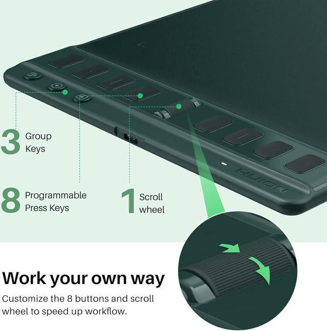 Alt view image 3 of 7 - Inspiroy 2 Medium Drawing Tablet with Scroll Wheel 8 Customized Keys Battery-Free Stylus for Digital Art, Design, Sketch, 9x5inch Graphics Tablet Works with Mac, PC & Mobile, Green