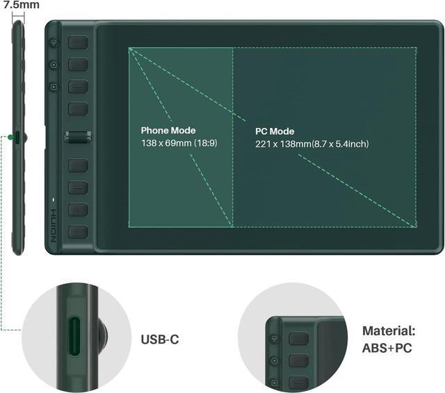 Alt view image 7 of 7 - Inspiroy 2 Medium Drawing Tablet with Scroll Wheel 8 Customized Keys Battery-Free Stylus for Digital Art, Design, Sketch, 9x5inch Graphics Tablet Works with Mac, PC & Mobile, Green