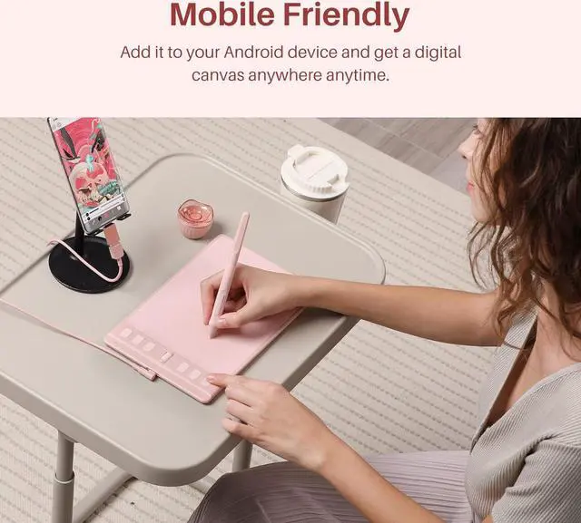 Alt view image 4 of 7 - Inspiroy 2 Small Drawing Tablet, Digital Art Tablet with Scroll Wheel, 6 Hot Keys, Battery-Free Stylus, Pink Graphics Tablet for Drawing, Design, Writing, Work with PC, Mac & Android Pink