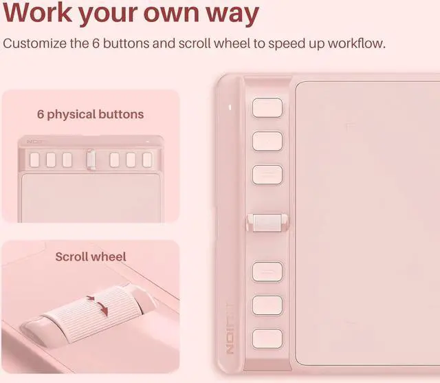 Alt view image 3 of 7 - Inspiroy 2 Small Drawing Tablet, Digital Art Tablet with Scroll Wheel, 6 Hot Keys, Battery-Free Stylus, Pink Graphics Tablet for Drawing, Design, Writing, Work with PC, Mac & Android Pink