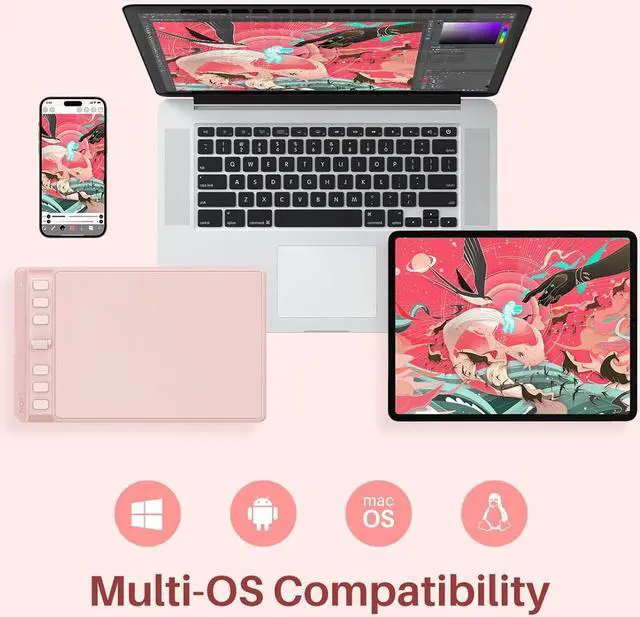 Alt view image 6 of 7 - Inspiroy 2 Small Drawing Tablet, Digital Art Tablet with Scroll Wheel, 6 Hot Keys, Battery-Free Stylus, Pink Graphics Tablet for Drawing, Design, Writing, Work with PC, Mac & Android Pink