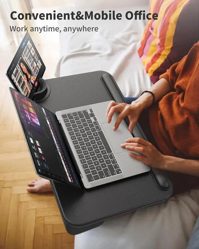 Alt view image 5 of 7 - Laptop Lap Desk - Fits Up to 17" Laptop,Lightweight Lap Tray Table with Soft Leather Wrist Pad, External Monitor Holder, Laptop Lap Desk with Cushion for Home Office/Gaming On Couch