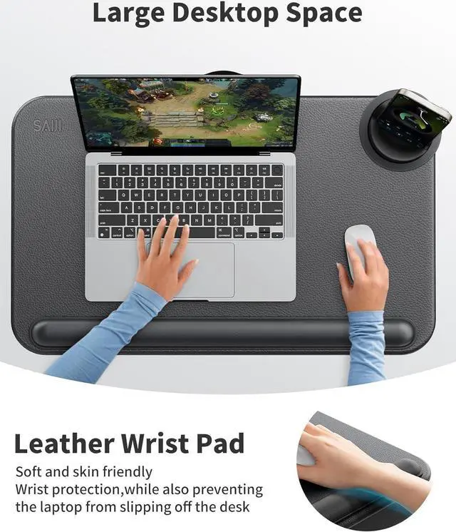 Alt view image 4 of 7 - Laptop Lap Desk - Fits Up to 17" Laptop,Lightweight Lap Tray Table with Soft Leather Wrist Pad, External Monitor Holder, Laptop Lap Desk with Cushion for Home Office/Gaming On Couch