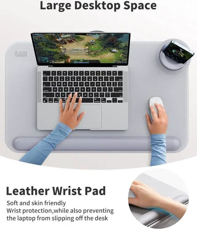 Alt view image 2 of 7 - Gray ,Laptop Lap Desk for BedFits Up to 17" Laptop & MacBook,Lightweight Tray Table with Soft Leather Wrist Pad,Sturdy Phone/Tablet Holder,Laptop Stand with Cushion for Home Office/Gaming On Couch