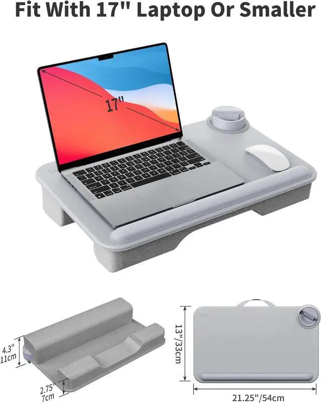 Alt view image 6 of 7 - Gray ,Laptop Lap Desk for BedFits Up to 17" Laptop & MacBook,Lightweight Tray Table with Soft Leather Wrist Pad,Sturdy Phone/Tablet Holder,Laptop Stand with Cushion for Home Office/Gaming On Couch