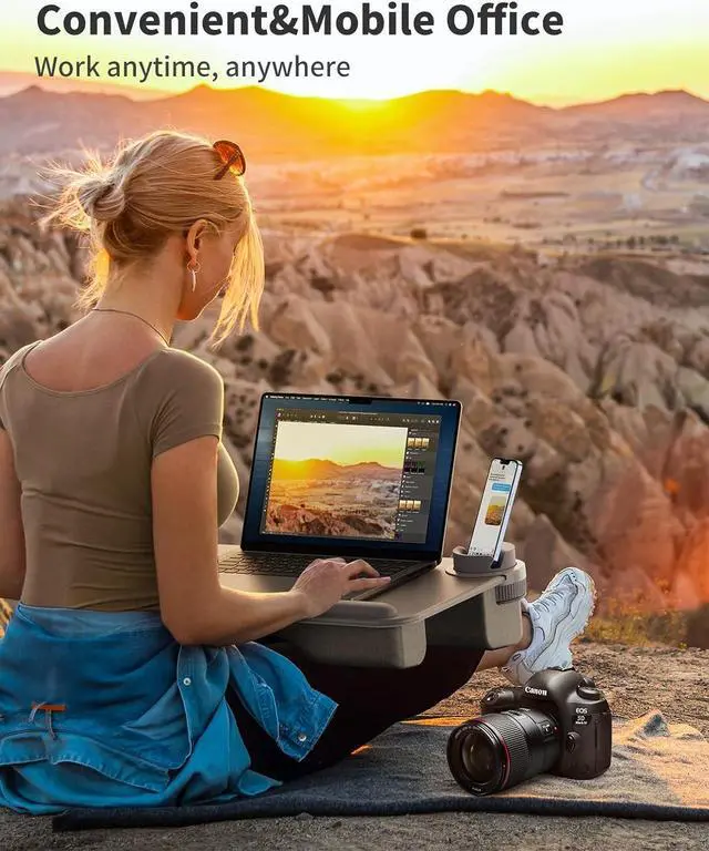 Alt view image 7 of 7 - Gray ,Laptop Lap Desk for BedFits Up to 17" Laptop & MacBook,Lightweight Tray Table with Soft Leather Wrist Pad,Sturdy Phone/Tablet Holder,Laptop Stand with Cushion for Home Office/Gaming On Couch