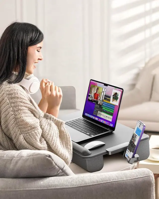 Alt view image 4 of 7 - Gray,Laptop Lap Desk, Portable Laptop Desk for Bed - Fits Up to 17" Laptop & MacBook,Lightweight Tray Table with Storage Drawer, Lap Desk with Cushion, Lap Computer Desk for Laptop