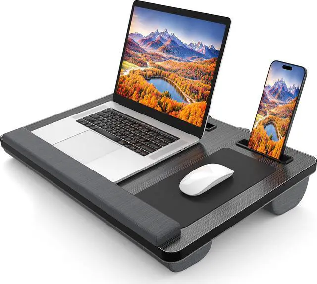 Main image of Laptop Lap Desk, Portable Large Laptop Desk for Bed, Up to 17 in Laptop Table with Wrist Rest, Mouse Pad, Tablet Phone Slot, Portable Handle, Laptop Lap Table with Cushion (Black)