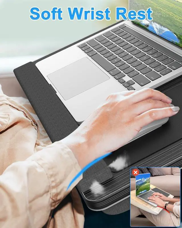 Alt view image 3 of 6 - Laptop Lap Desk, Portable Large Laptop Desk for Bed, Up to 17 in Laptop Table with Wrist Rest, Mouse Pad, Tablet Phone Slot, Portable Handle, Laptop Lap Table with Cushion (Black)