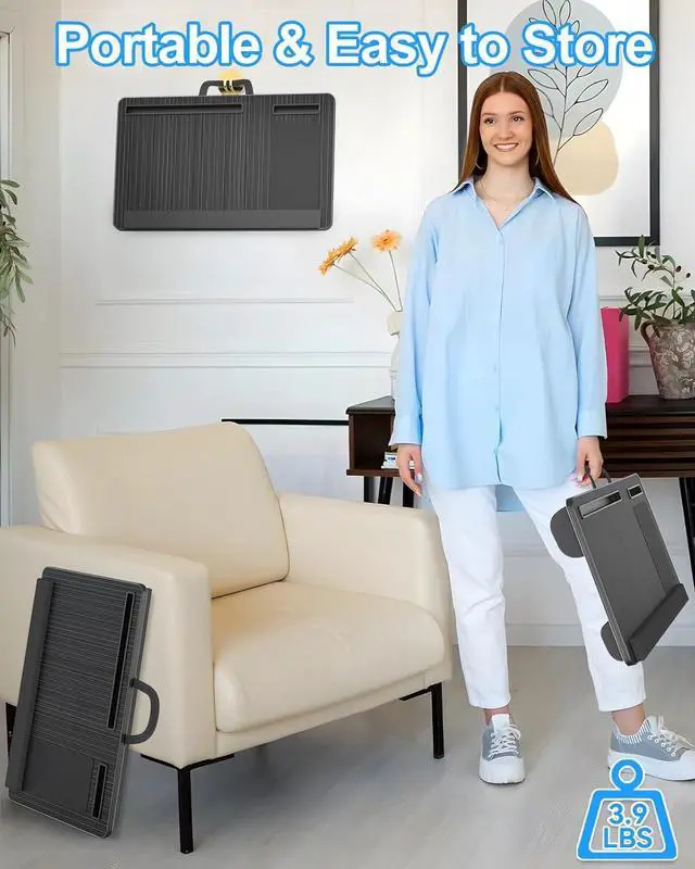 Alt view image 5 of 6 - Laptop Lap Desk, Portable Large Laptop Desk for Bed, Up to 17 in Laptop Table with Wrist Rest, Mouse Pad, Tablet Phone Slot, Portable Handle, Laptop Lap Table with Cushion (Black)