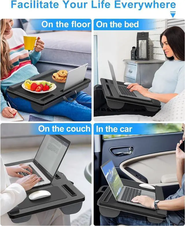 Alt view image 6 of 6 - Laptop Lap Desk, Portable Large Laptop Desk for Bed, Up to 17 in Laptop Table with Wrist Rest, Mouse Pad, Tablet Phone Slot, Portable Handle, Laptop Lap Table with Cushion (Black)