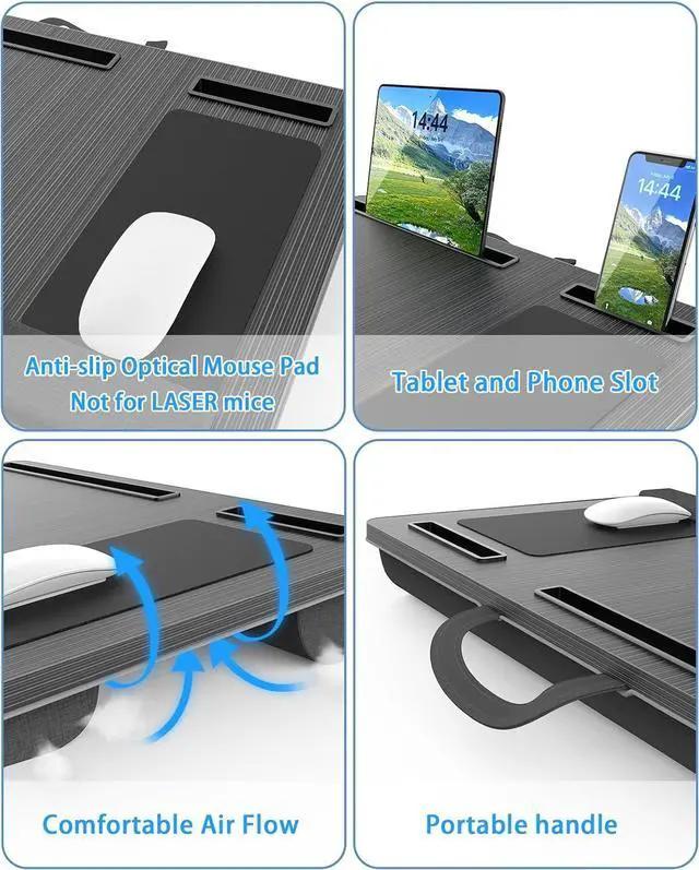 Alt view image 4 of 6 - Laptop Lap Desk, Portable Large Laptop Desk for Bed, Up to 17 in Laptop Table with Wrist Rest, Mouse Pad, Tablet Phone Slot, Portable Handle, Laptop Lap Table with Cushion (Black)