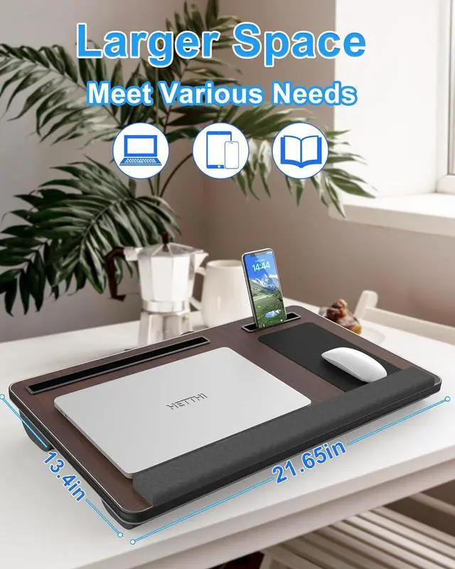 Alt view image 2 of 6 - Laptop Lap Desk, Portable Large Laptop Desk for Bed, Up to 17 in Laptop Table with Wrist Rest, Mouse Pad, Tablet Phone Slot, Portable Handle, Laptop Lap Table with Cushion (Dark Brown)