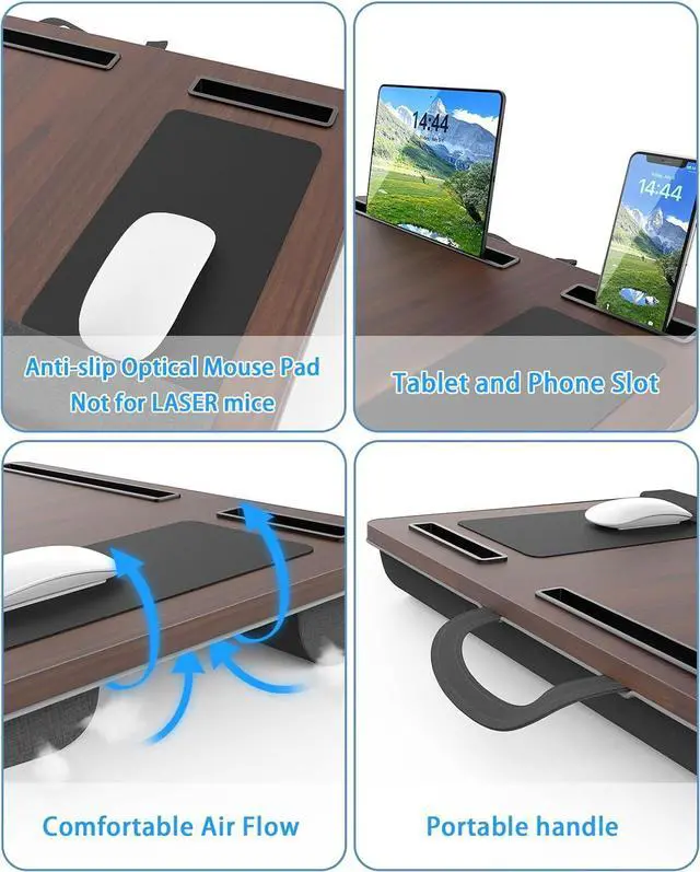 Alt view image 4 of 6 - Laptop Lap Desk, Portable Large Laptop Desk for Bed, Up to 17 in Laptop Table with Wrist Rest, Mouse Pad, Tablet Phone Slot, Portable Handle, Laptop Lap Table with Cushion (Dark Brown)