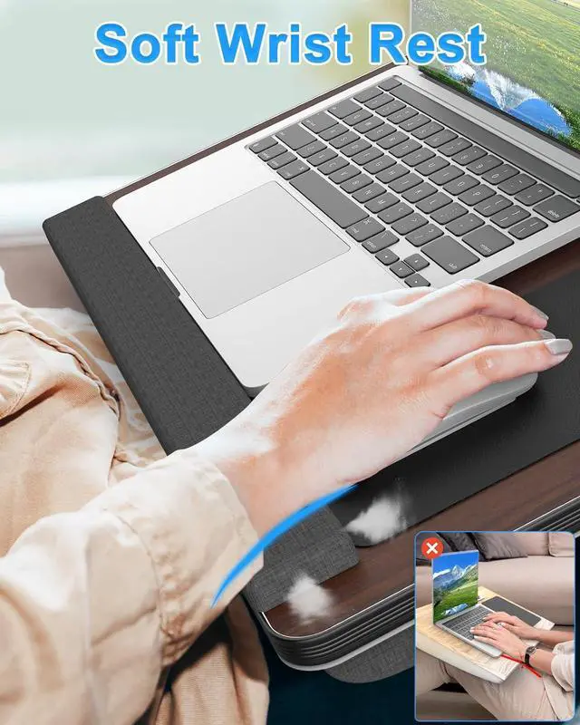 Alt view image 3 of 6 - Laptop Lap Desk, Portable Large Laptop Desk for Bed, Up to 17 in Laptop Table with Wrist Rest, Mouse Pad, Tablet Phone Slot, Portable Handle, Laptop Lap Table with Cushion (Dark Brown)