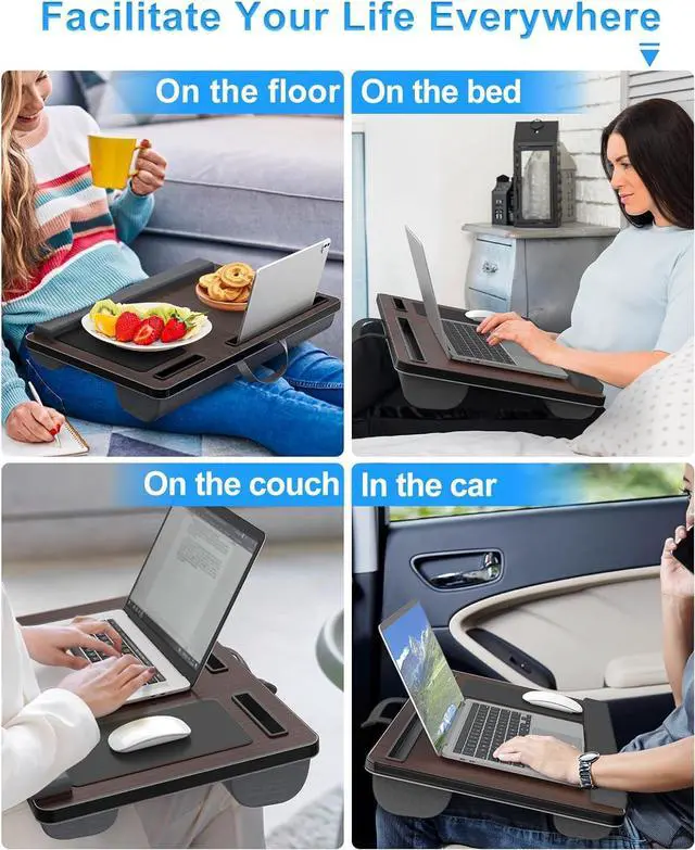 Alt view image 6 of 6 - Laptop Lap Desk, Portable Large Laptop Desk for Bed, Up to 17 in Laptop Table with Wrist Rest, Mouse Pad, Tablet Phone Slot, Portable Handle, Laptop Lap Table with Cushion (Dark Brown)