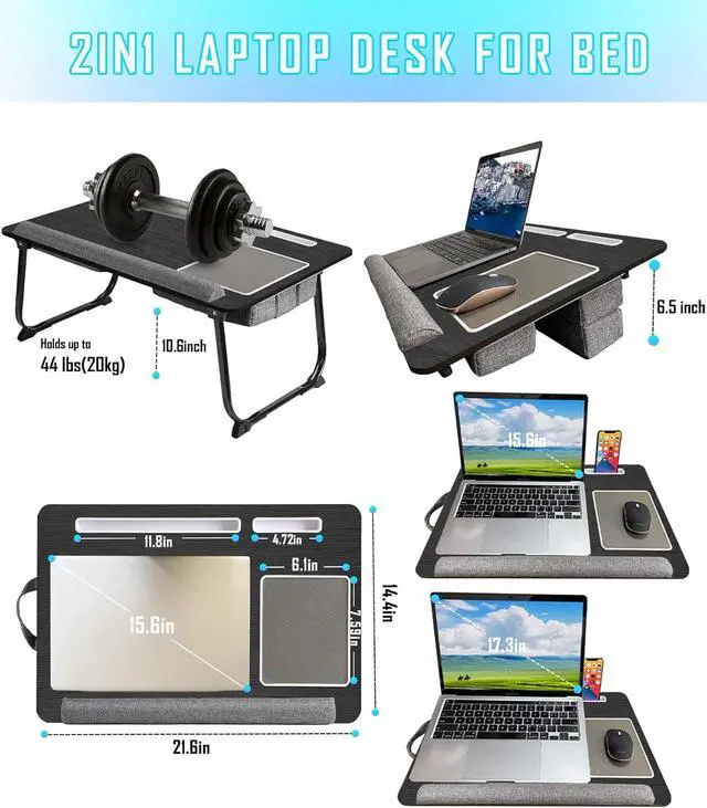 Alt view image 2 of 7 - Lap Desk - Large Bed Desk,17In Foldable Laptop Bed Tray Table with Adjustable Dual Cushion Wrist Rest & Mouse Pad,Portable Wood Laptop Stand for Bed Sofa,Multifunctional Slot for Tablet & Phone,BLACK
