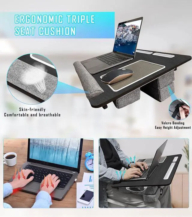 Alt view image 3 of 7 - Lap Desk - Large Bed Desk,17In Foldable Laptop Bed Tray Table with Adjustable Dual Cushion Wrist Rest & Mouse Pad,Portable Wood Laptop Stand for Bed Sofa,Multifunctional Slot for Tablet & Phone,BLACK