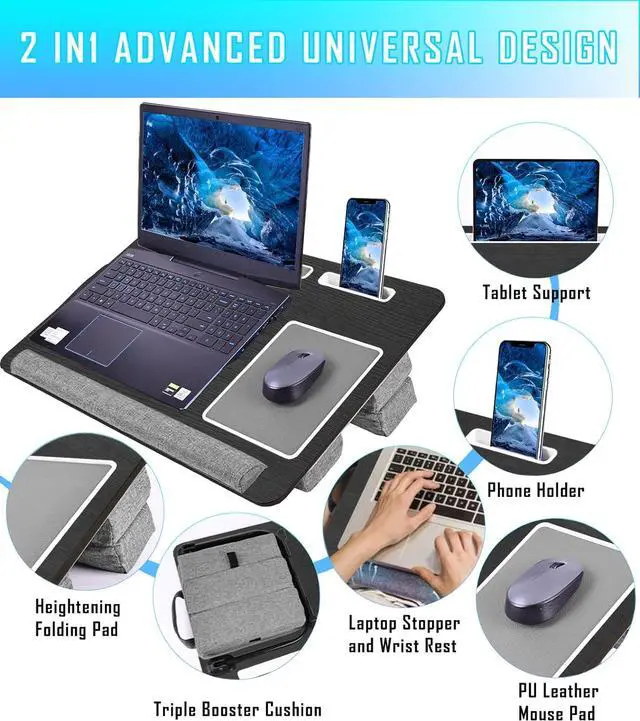 Alt view image 4 of 7 - Lap Desk - Large Bed Desk,17In Foldable Laptop Bed Tray Table with Adjustable Dual Cushion Wrist Rest & Mouse Pad,Portable Wood Laptop Stand for Bed Sofa,Multifunctional Slot for Tablet & Phone,BLACK