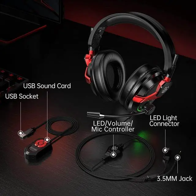 Alt view image 2 of 7 - PC Gaming Headset with Mic for PS5 PS4 Xbox, USB Headset with 7.1 Surround Sound, Wired 3.5mm Headphones, RGB