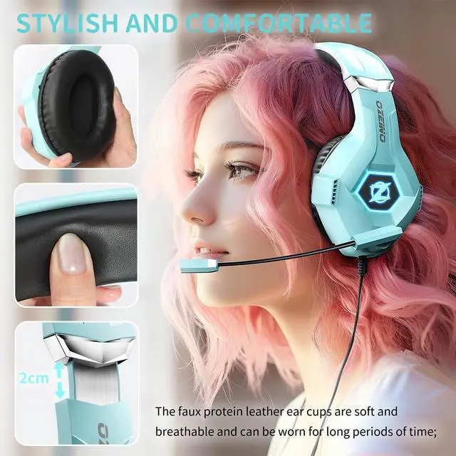 Alt view image 2 of 7 - Gaming Headset with Microphone, Compatible with Xbox One, Ps5, Ps4, PC Switch, Gaming Headphones, RGB Light, Stereo Surround Sound -Light Blue