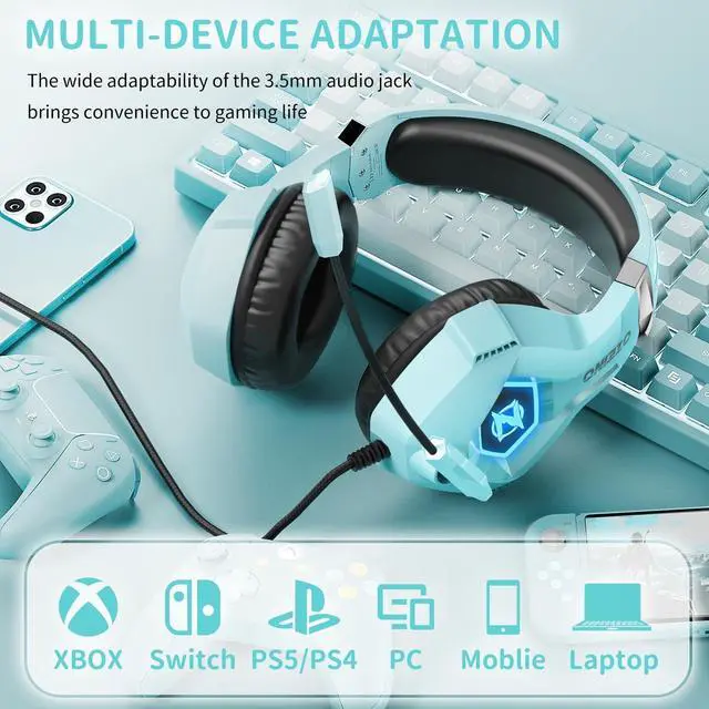 Alt view image 3 of 7 - Gaming Headset with Microphone, Compatible with Xbox One, Ps5, Ps4, PC Switch, Gaming Headphones, RGB Light, Stereo Surround Sound -Light Blue