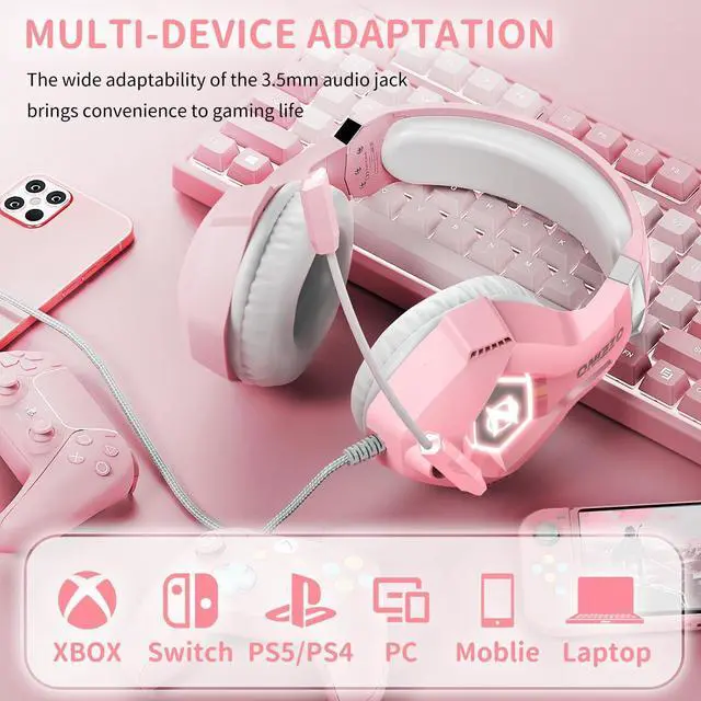 Alt view image 5 of 7 - Gaming Headset Stereo Gaming Headphones Noise Cancelling Over Ear Headphones with Mic, LED Light, Bass Surround, Soft Memory Earmuffs for PS4, PS5, PC,Switch-Pink