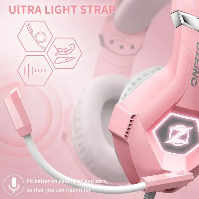 Alt view image 6 of 7 - Gaming Headset Stereo Gaming Headphones Noise Cancelling Over Ear Headphones with Mic, LED Light, Bass Surround, Soft Memory Earmuffs for PS4, PS5, PC,Switch-Pink