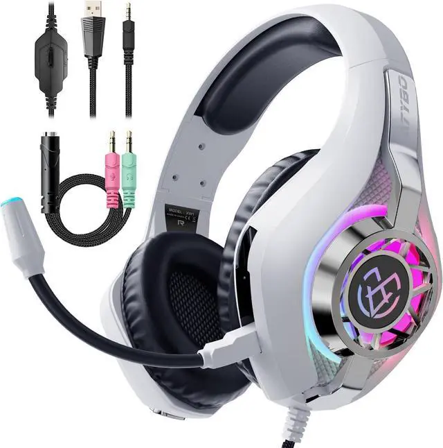 Main image of Gaming Headset for Ps5 Ps4 Switch Xbox PC with RGB Light, White Gaming Headphones Noise Canceling Mic & Surround Sound,White