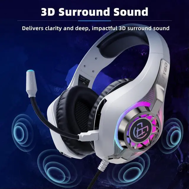 Alt view image 2 of 5 - Gaming Headset for Ps5 Ps4 Switch Xbox PC with RGB Light, White Gaming Headphones Noise Canceling Mic & Surround Sound,White