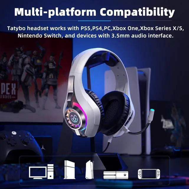 Alt view image 5 of 5 - Gaming Headset for Ps5 Ps4 Switch Xbox PC with RGB Light, White Gaming Headphones Noise Canceling Mic & Surround Sound,White