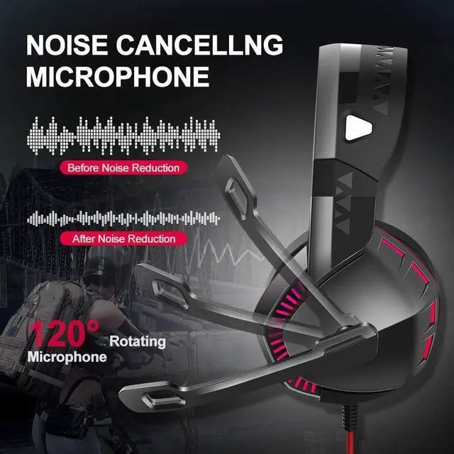 Alt view image 3 of 4 - PS4 Gaming Headset with 7.1 Surround Sound, PC Headset with Noise Canceling Mic & LED Light, H3 Over Ear Headphones for Nintendo Switch, PS5, Xbox One, Laptop (Red)