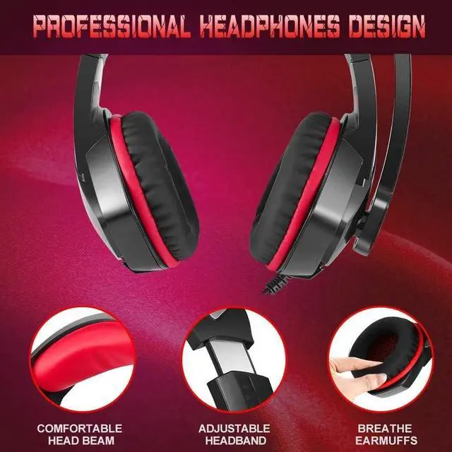 Alt view image 2 of 4 - PS4 Gaming Headset with 7.1 Surround Sound, PC Headset with Noise Canceling Mic & LED Light, H3 Over Ear Headphones for Nintendo Switch, PS5, Xbox One, Laptop (Red)