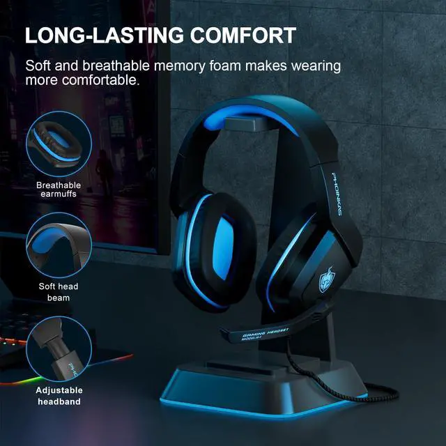 Alt view image 5 of 7 - Gaming Headset, PS5 Headset for PS4, Xbox One, PC, Laptop, Switch, Over Ear Gaming Headphones Noise-Cancelling Mic, Bass Surround - Blue