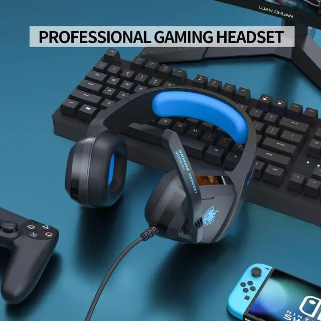 Alt view image 6 of 7 - Gaming Headset, PS5 Headset for PS4, Xbox One, PC, Laptop, Switch, Over Ear Gaming Headphones Noise-Cancelling Mic, Bass Surround - Blue