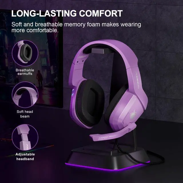 Alt view image 5 of 6 - Gaming Headset for PS4, PS5, PC, Laptop, Stereo Over Ear Gaming Headphones with Noise-Canceling Mic, Gaming Headsets for XboxOne, Switch, Laptop, Mac, Phone (Purple)