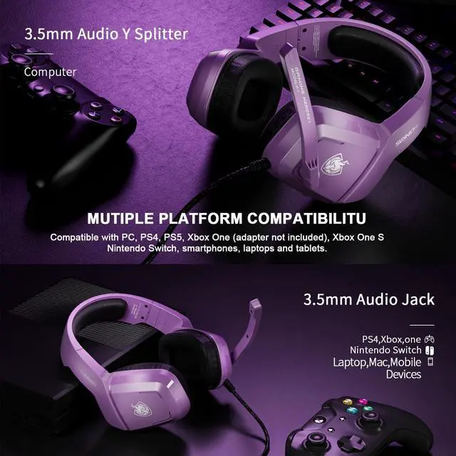 Alt view image 2 of 6 - Gaming Headset for PS4, PS5, PC, Laptop, Stereo Over Ear Gaming Headphones with Noise-Canceling Mic, Gaming Headsets for XboxOne, Switch, Laptop, Mac, Phone (Purple)