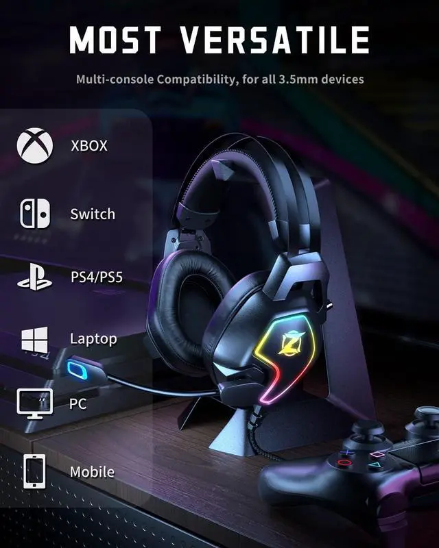 Alt view image 3 of 7 - Gaming Headset for Xbox One Series X/S Ps5, Ps4, PC Switch, Noise Canceling Headphones with Microphone, 3.5mm Audio Jack, Auto-Adjust Headband