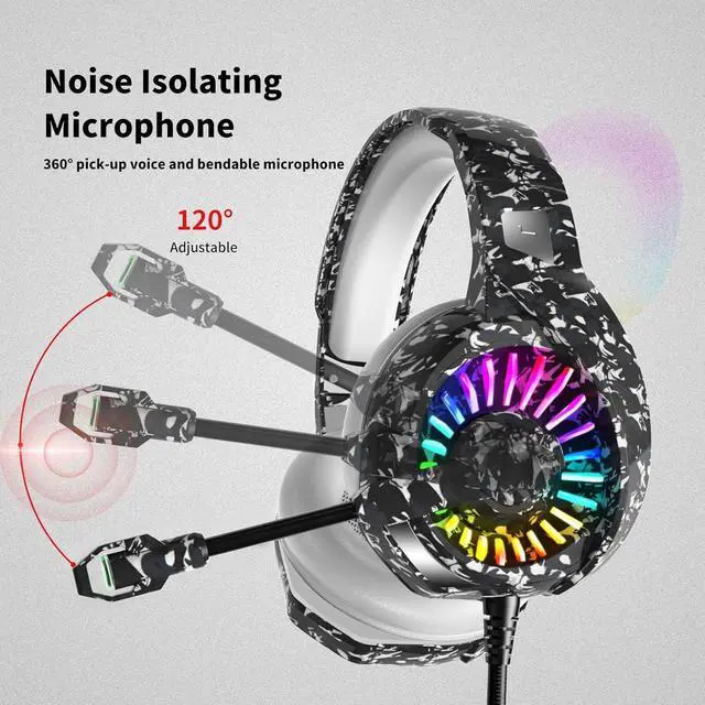 Alt view image 4 of 7 - Camo Gaming Headset for PS4, PS5, Xbox One, PC, Laptop, Mac, Switch, 3.5MM Wired Gaming Headphones with Microphone, Bass Surround, LED Light, Camouflage