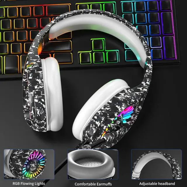 Alt view image 6 of 7 - Camo Gaming Headset for PS4, PS5, Xbox One, PC, Laptop, Mac, Switch, 3.5MM Wired Gaming Headphones with Microphone, Bass Surround, LED Light, Camouflage