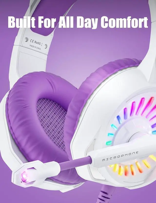 Alt view image 5 of 7 - Purple Gaming Headset with Microphone, Compatible with PS4 PS5 Xbox One PC Laptop, Over-Ear Headphones with LED RGB Light, Noise Canceling Mic, Stereo Surround Sound (Purple)